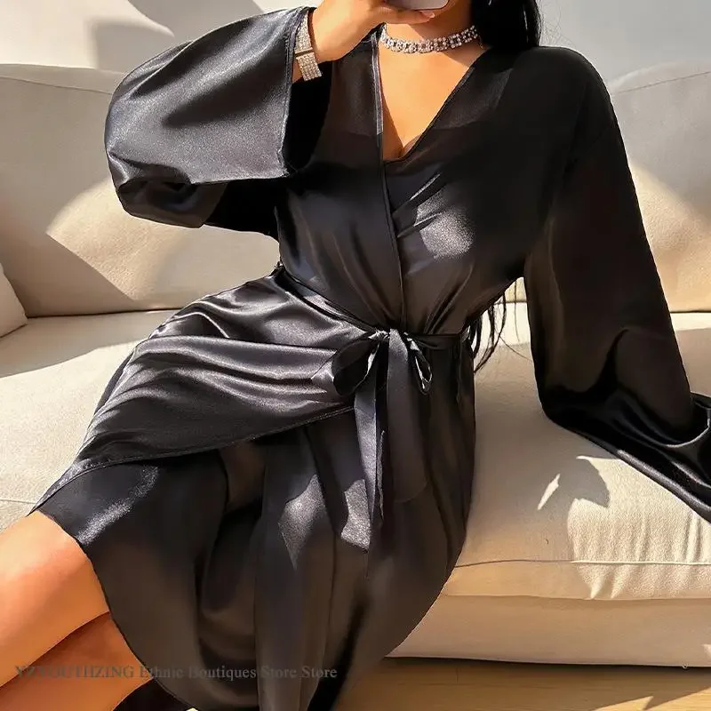

Oversize Black Satin Robe Negligee Kimono Bathrobe Gown Spring Summer New Women Sleepwear Home Dressing Gown Loose Loungewear