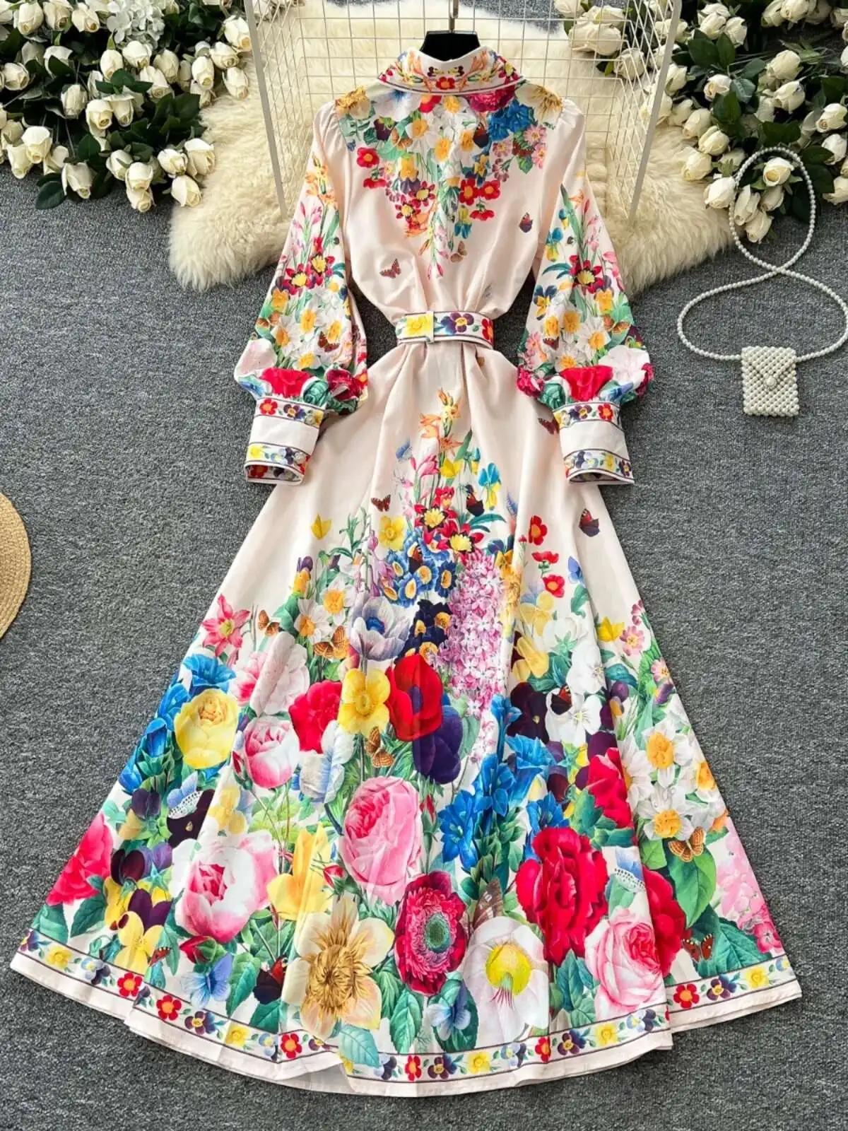Lanterna manga longa flor maxi vestidos elegantes camisa feminina primavera verão único breasted pérola impressão floral festa vestidos cinto