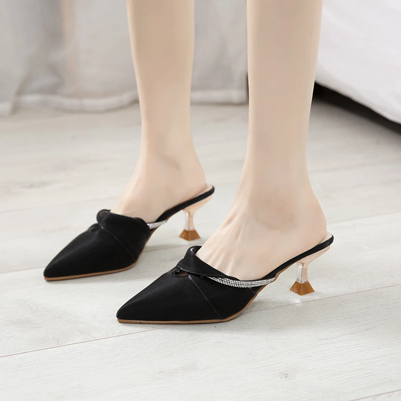 Women's High Heel Fine Track Slippers  Codes Outer Wear Soft Flocking Slip-on Half Slippers For Casual Comfort