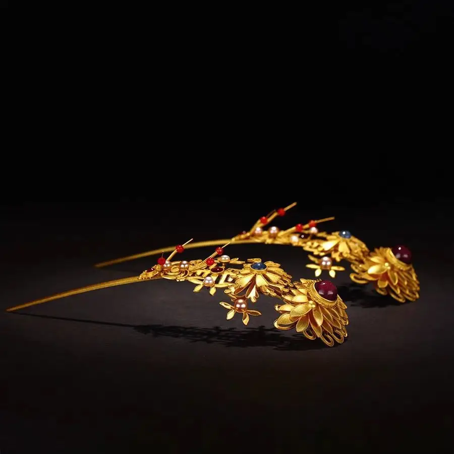 

Позолоченная латунная пара заколок для волос в стиле ретро, дворцовый стиль, завитые волосы, шелк, инкрустированные рисунком палины, аксессуары для волос