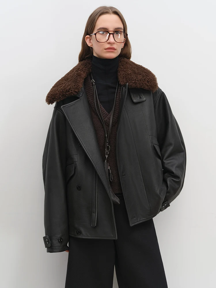 Schwarze Motorradjacken aus echtem Leder für Damen, Herbst und Winter, abnehmbarer Wollpelzkragen, Mantel aus echtem Rindsleder, Kamelsamt