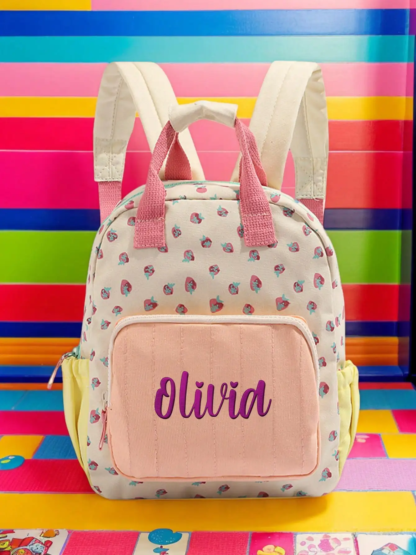Cute Strawberry Kids Backpack Custom Embroidery Name School Bag for Girls Toddler Canvas Rucksack Kindergarten Children Book Bag
