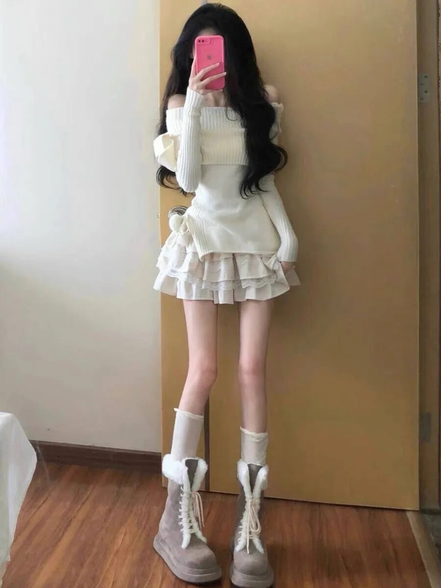 ชุดเซ็ตสองชิ้น ฤดูใบไม้ร่วง ฤดูหนาว ใหม่ล่าสุด เอวสูง สไตล์บริสุทธิ์ กระโปรงทรงเค้ก ดีไซน์หวาน  เสื้อไหมพรมเปิดไหล่ข้างเดียว กระโปรง  เสื้อและกระโปรง