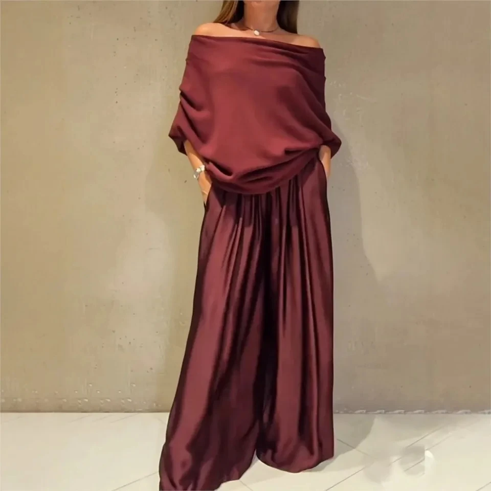 

Fashion Satin Sexy Off-shoulder Women Long-sleeved T-shirt Trousers Suit Autumn Elegant Woman Loose Wide-leg Trousers 2piece Set