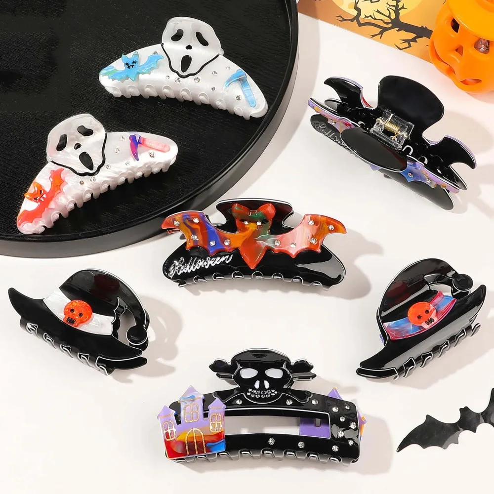 Acrylic Halloween Shark Clip Gradient Color Waterproof Skull Shark Clip Bat Witch Hat Acetic Acid Hair Claw Headwear