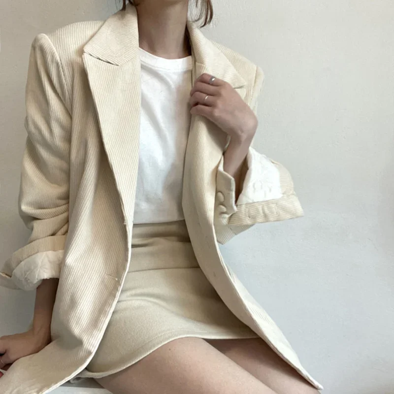 

Autumn 2024 Corduroy Blazers Women Notched Collar Long Sleeve Blazer Jacket Female Korean Fashion Casual Winter Coats Tops Mujer