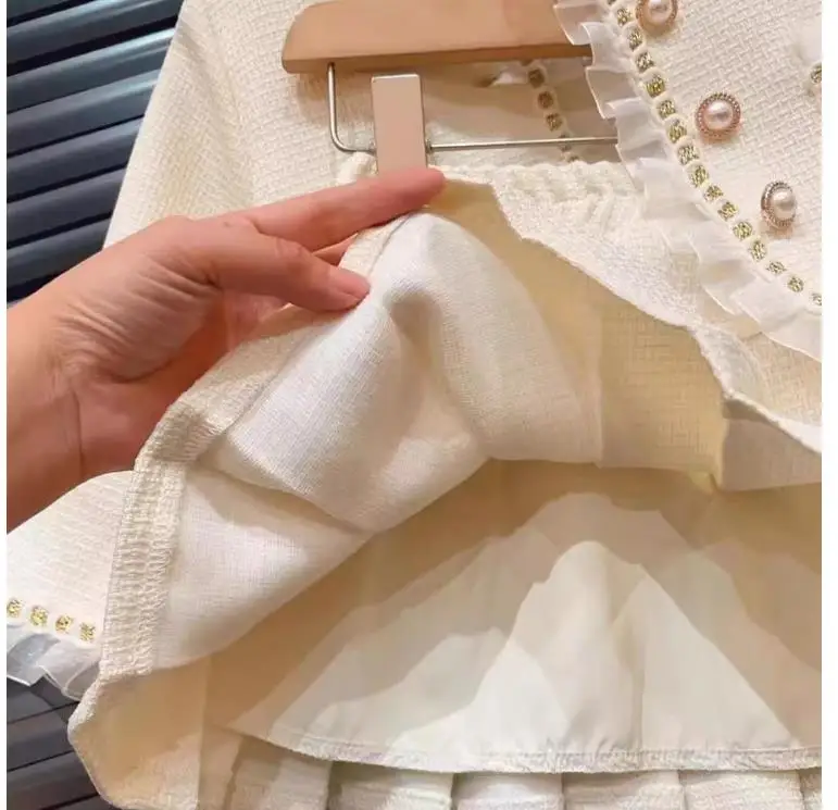 Gauze patchwork jacket pleated skirt two-piece set