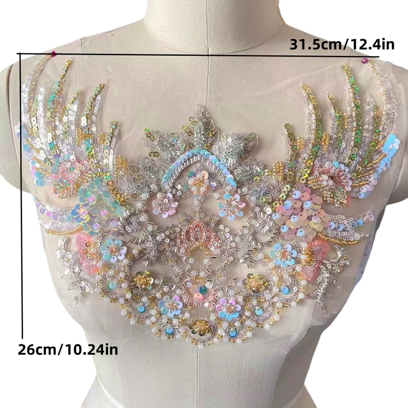 Pailletten-Perlen-Stickerei-Spitzenkopfbedeckung, Kostüm-Hanfu-Gürtel, Champagnergold-Fischschuppen, Bühnenkostüm, RS24609 – Detail 2