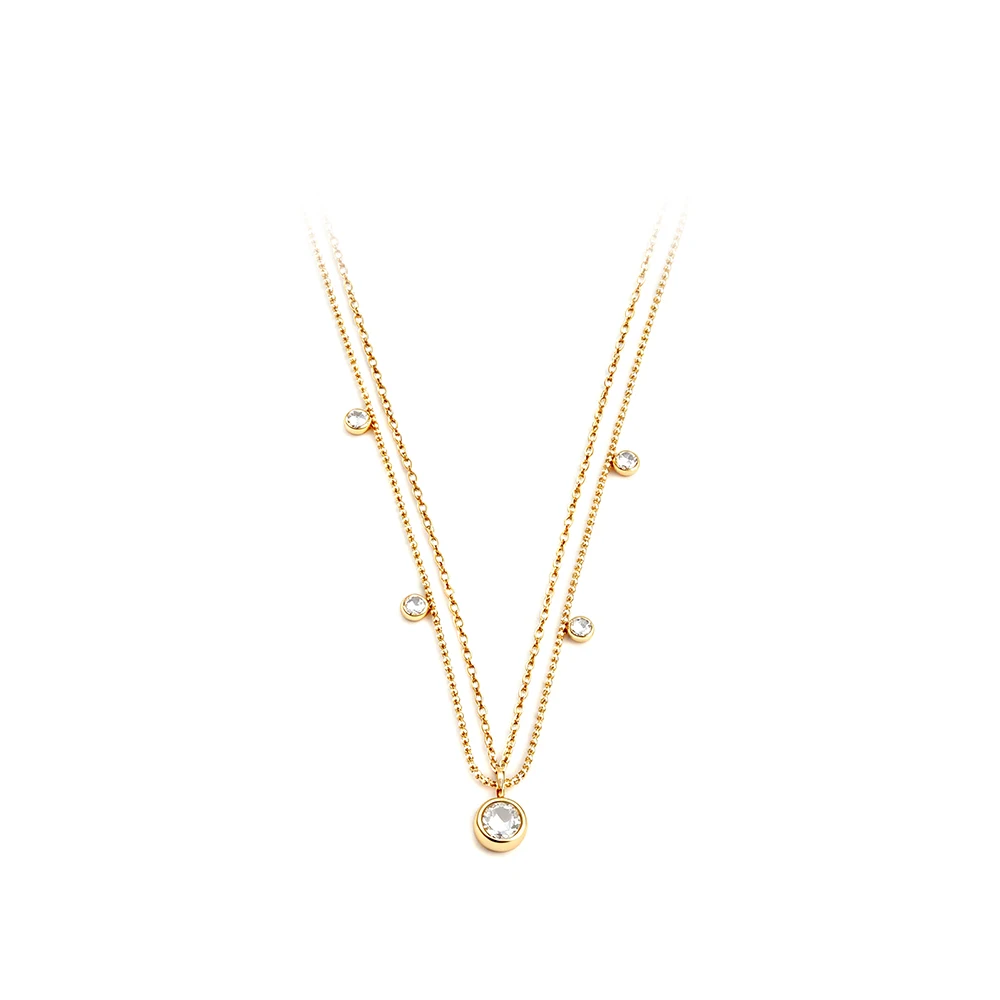 JeeMango Double Layer Zircon Staniless Steel Choker Necklace Waterproof Gold Plated Stacked Fashion Jewelry for Women N26073
