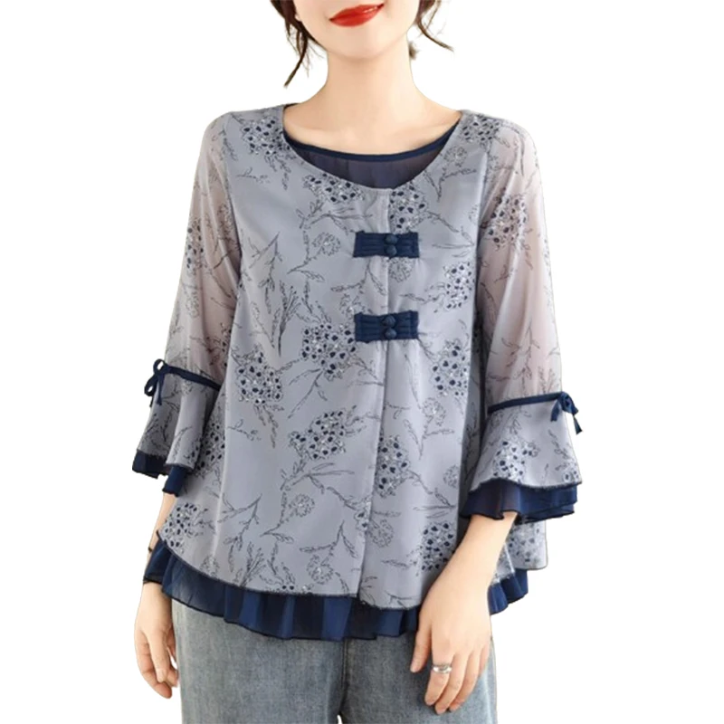花柄シフォンブラウス女性フリルフレア Seelve レトロルーズトップスオフィスレディカジュアルウェアシャツ特大