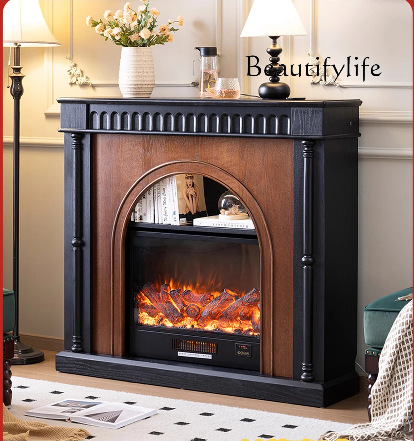 American retro solid wood fireplace decorative cabinet, antique entrance in living room, flame fireplace cabinet simulation fire