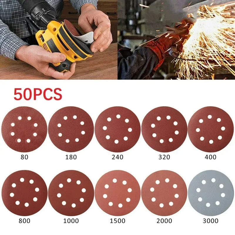 50 Stück Schleifscheiben, 125 mm, runde Form, Schleifpapier, 8 Löcher, gemischte Körnung 80–3000, Klettverschluss-Scheiben, Schleifblätter, Polierwerkzeuge – Detail 4