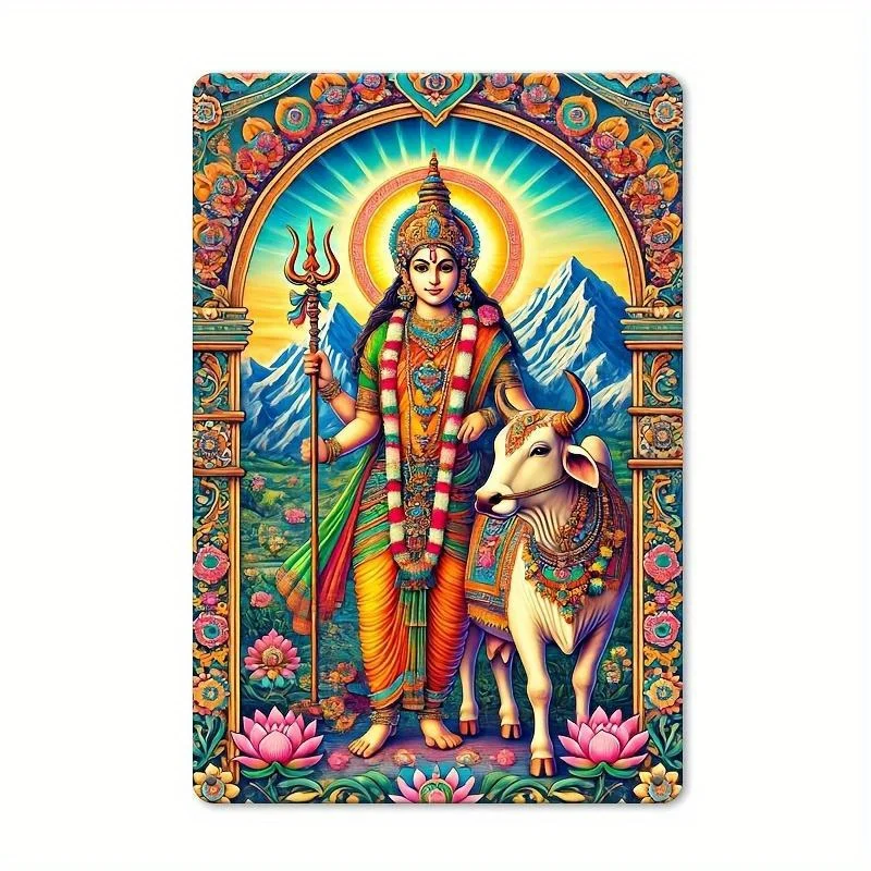 Vintage Indian Mythology Theme Aluminum Metal Wall Art, Vibrant Lord Krishna with Cow & for Lotus Flowers, Indian Decor, 2D Flat