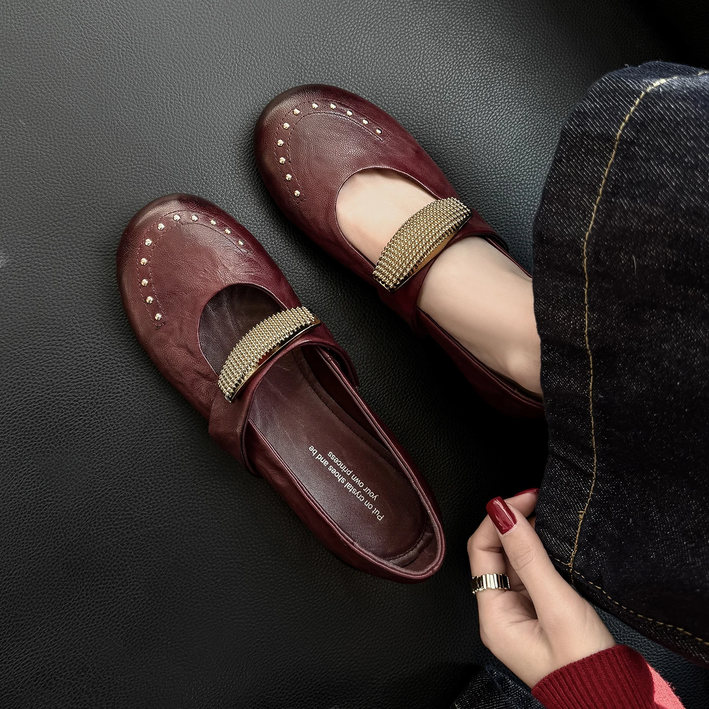 

Genuine Leather Cowhide Mary Janes Shoes,Rivet Round Toe Low Heel Fashion Womens Shoes