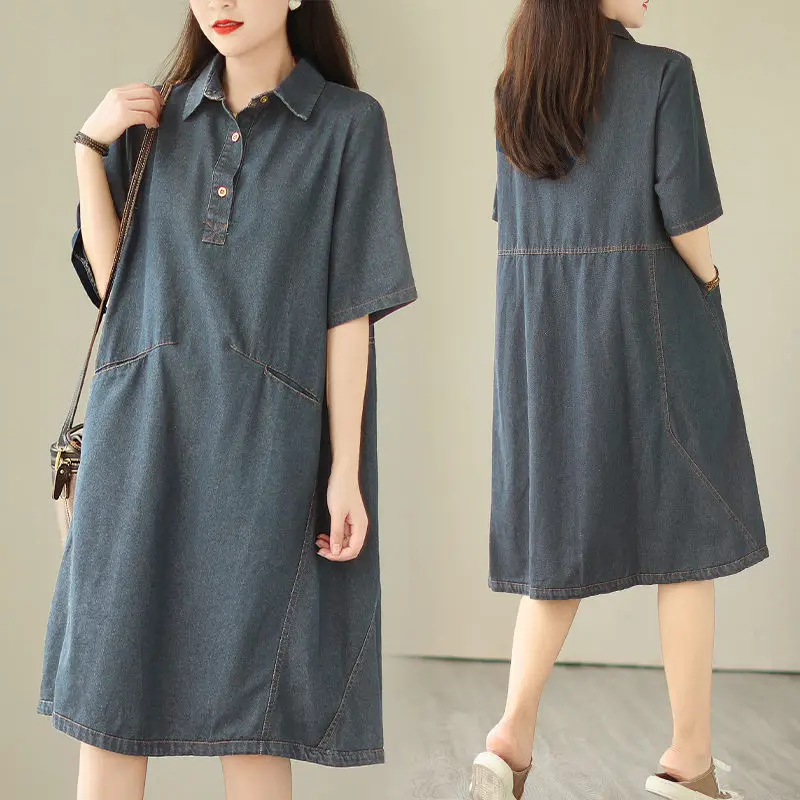 

Oversized Women's Denim Dress 2023 Summer New Casual Short Sleeve Shirt Dress Mid Length Jeans Vestidos C005