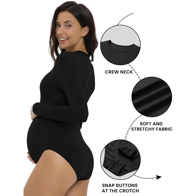 Slimming Maternity Bodysuit - Soft Modal Crew Neck Long Sleeve, Pregnancy Support Shapewear, Versatile Occasion Jumpsuit Romper