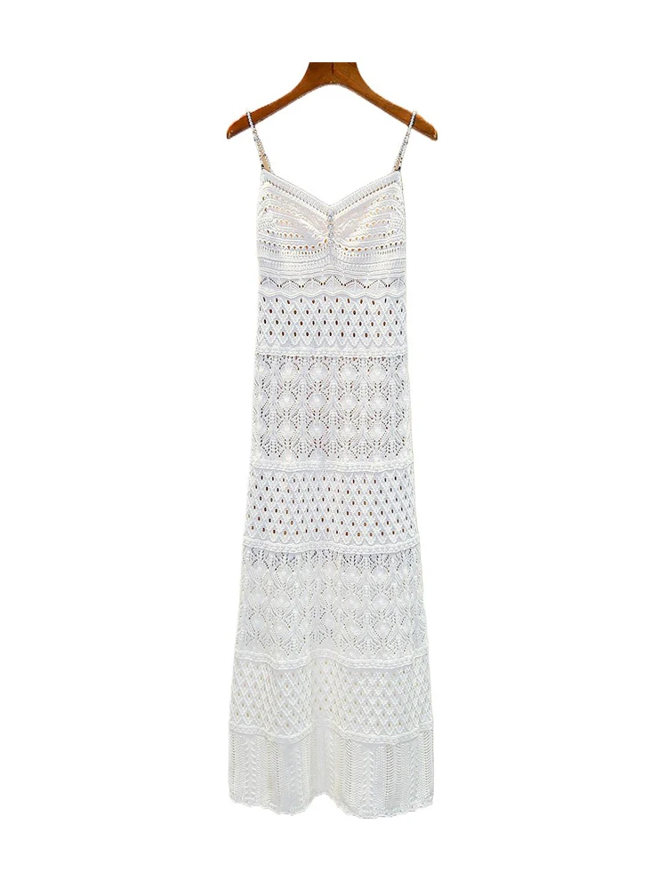 

Summer 2025 High-End Knitted Pearl Embellied Strap Dr Women's Faion Ele Sle Commute Simple Hollow out High Waist