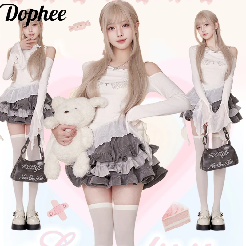 

Dophee Spice Girls Two-piece Sets Y2k Subculture Cross Off Shoulder Long Sleeve T-shirt Top + Ruffles High Waist Tutu Skirt Suit