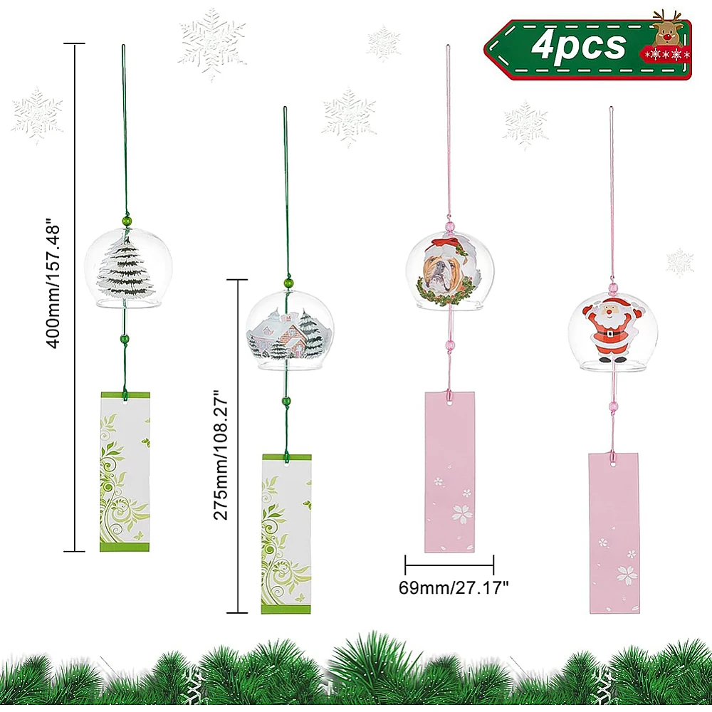 4Pcs 4 Style Wind Chimes Christmas Theme Glass Wind Bells Pendant for Home Garden Wedding Indoor Outdoor Decoration
