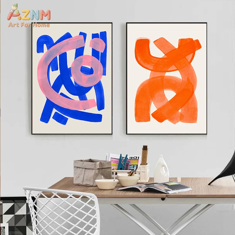 AZNM Modern Minimalist Abstract Brush Stroke Curved Line Colorful Geometric Aesthetic Canvas Wall Art Simple Texture Unframed Li