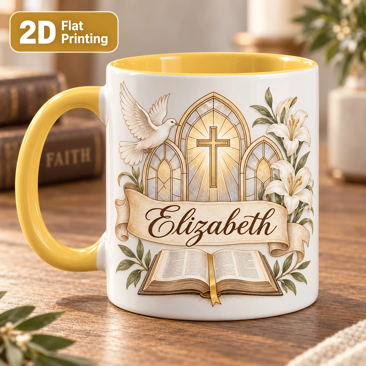 Custom Name Christian Ceramic Mug 2D Print Church Cross Dove Lily Open Bible Design Personalized Religious Coffee Cup Gift for C