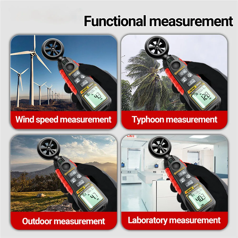 Handheld Anemometer LCD 4 Digits 9999 Count Digital Wind Anemometers 0.4~30.00m/s Speed Measurement Temperature Tester