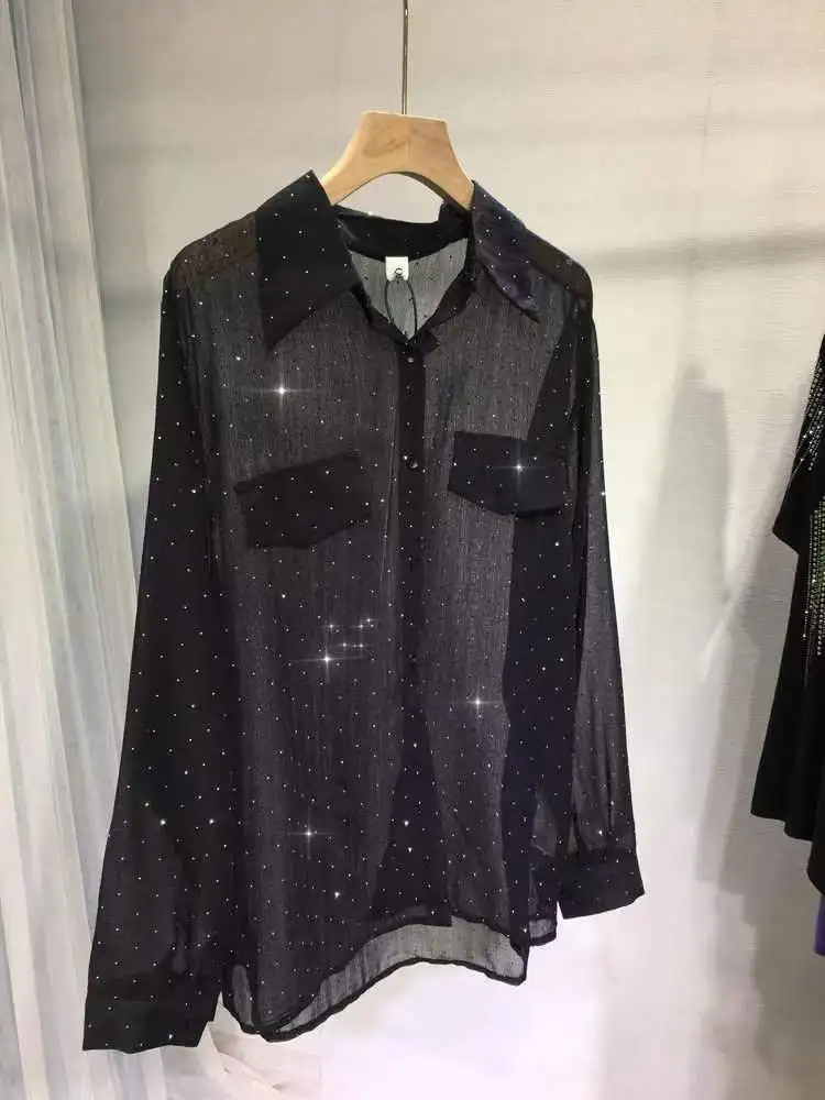 

Ele Женский длинный све irt, тонкий прочный, легкий, со стразами, европейский Sle, летний воротник с воротником на пуговицах