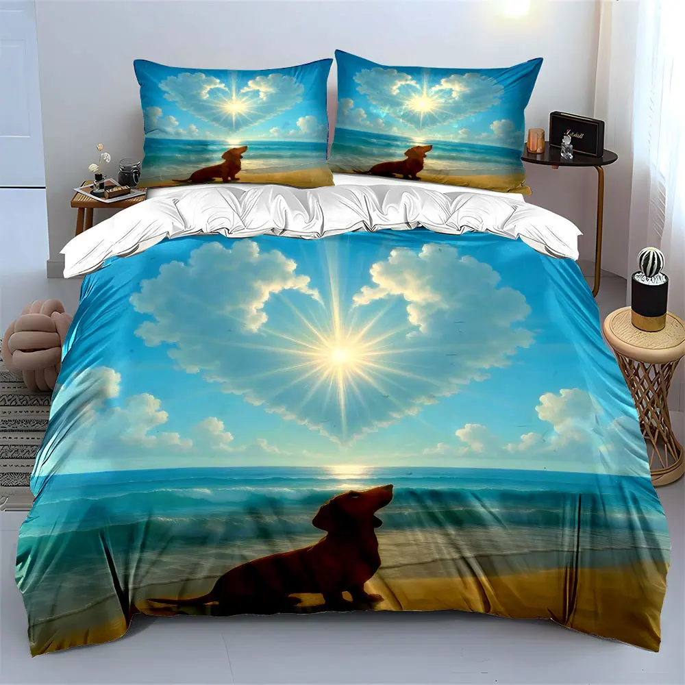 A dog gazing at heart-shaped clouds on the beach Print Bedding set 3PC 1 duvet cover 2 pillowcases adult children Luxury gift