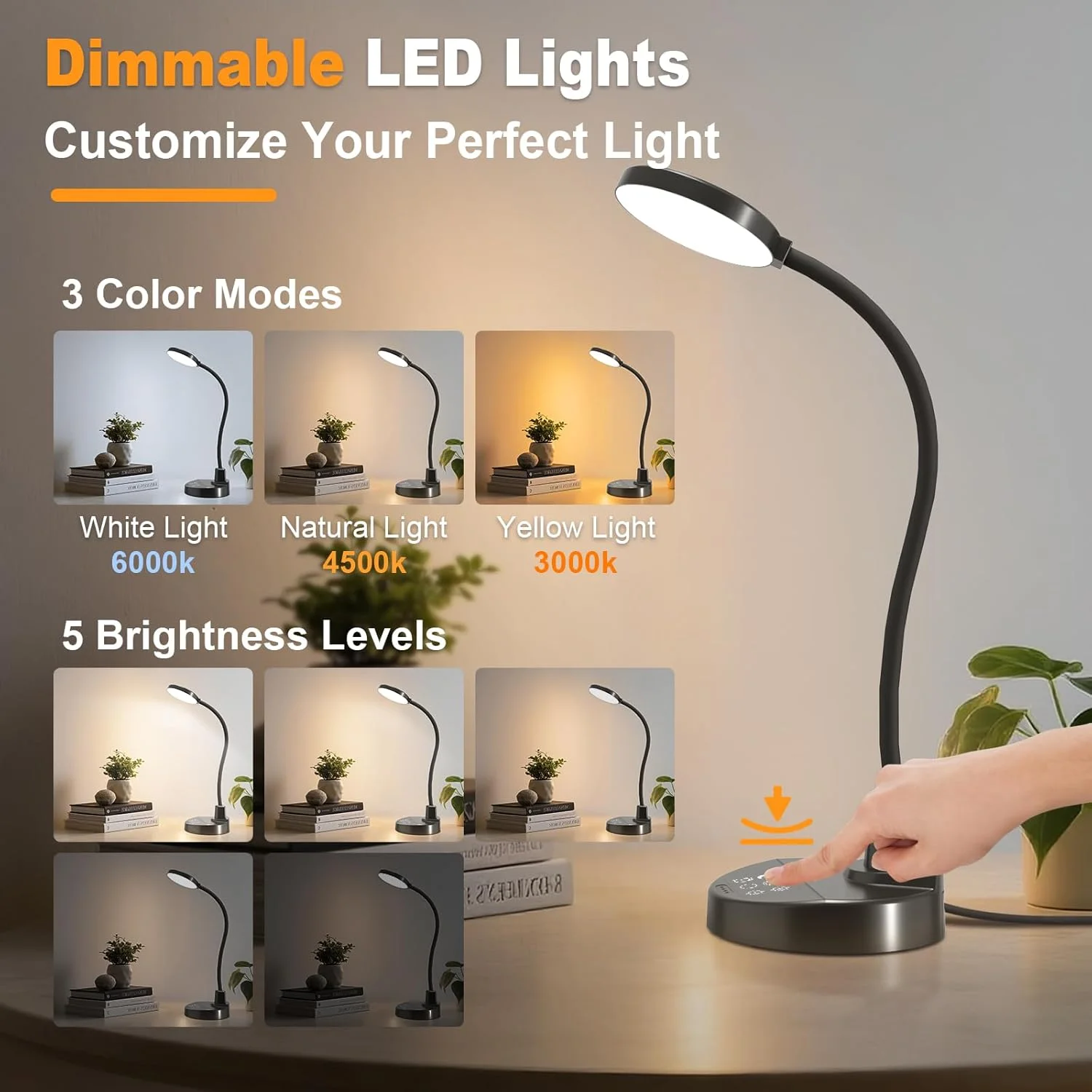 LED Desk Lamp 60 LED Beads 3 Colors & Dimmable USB Port Reading Light with Timer Mode and Night Mode Bedside Lamp for Office