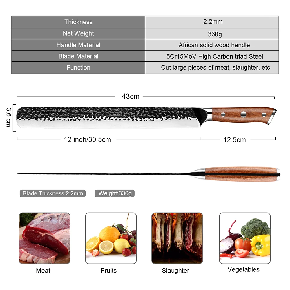 Cuchillo de corte de acero de alto carbono 5Cr15MoV, cuchillo de ala forjado a mano, rebanador de carne Ultra afilado, cuchillo de jamón para