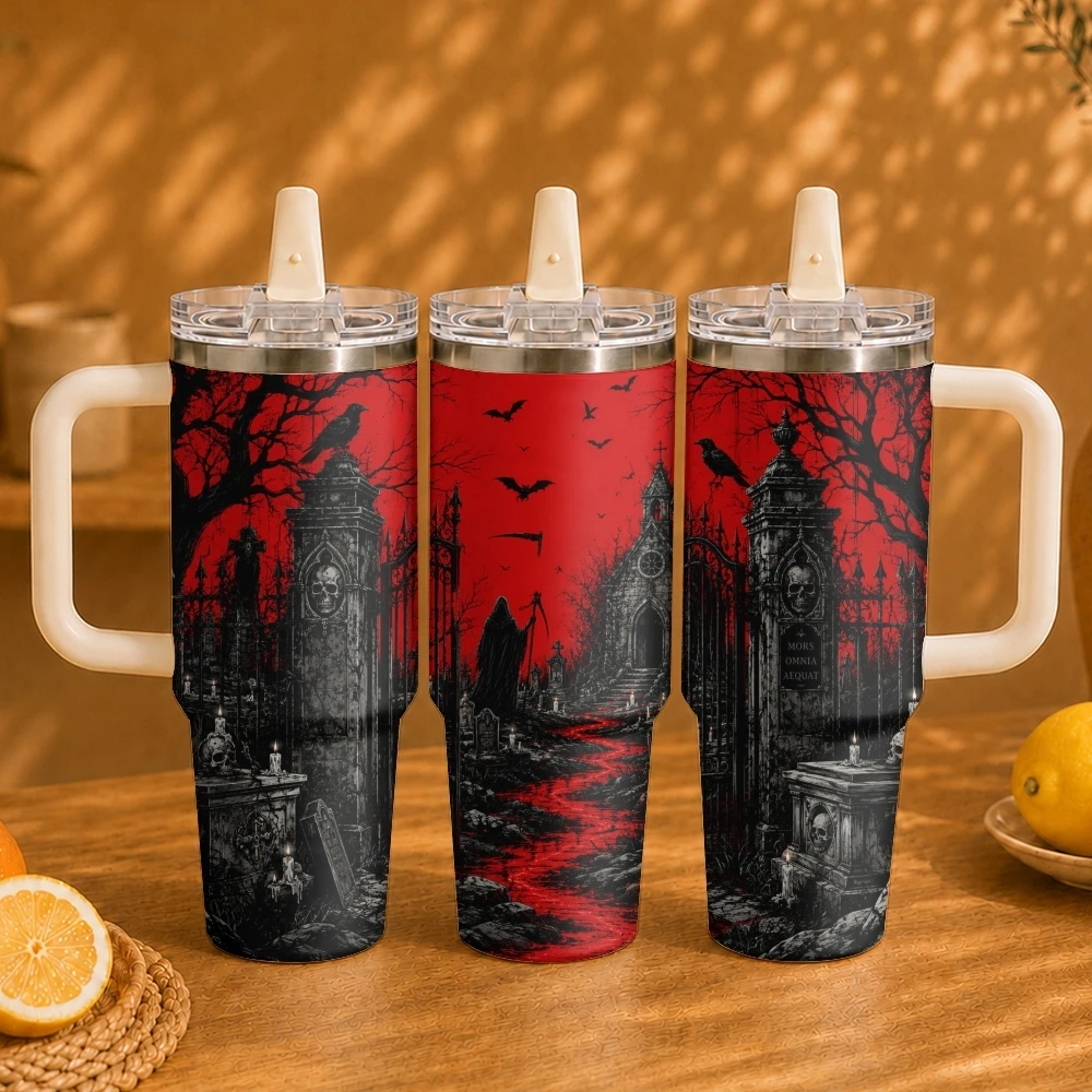 Dark Cemetery Ghosts Vacuum Flasks 40oz Vacuum Insulated Travel Mug - Stainless Steel Straw Cup Lid