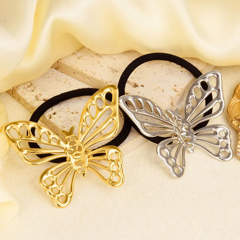 Stainless Steel Animal Hollow Butterfly Hair Elastics & Ties Hair Accessories For Women Girl Fashion Gold/Silver Color Jewelry