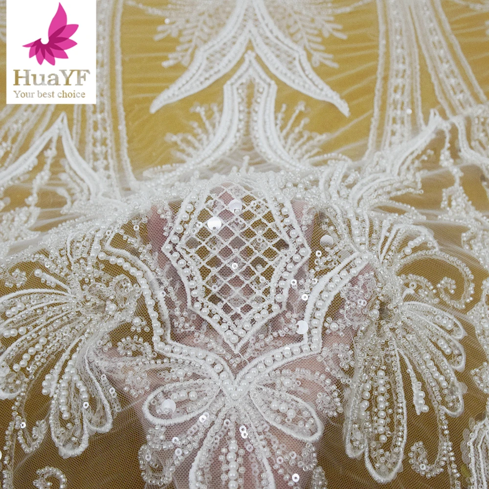 

Великолепное белое кружево с 3d бисером и жемчугом с хрустальными блестками, французская ткань для свадебного платья, 5 ярдов HY2417