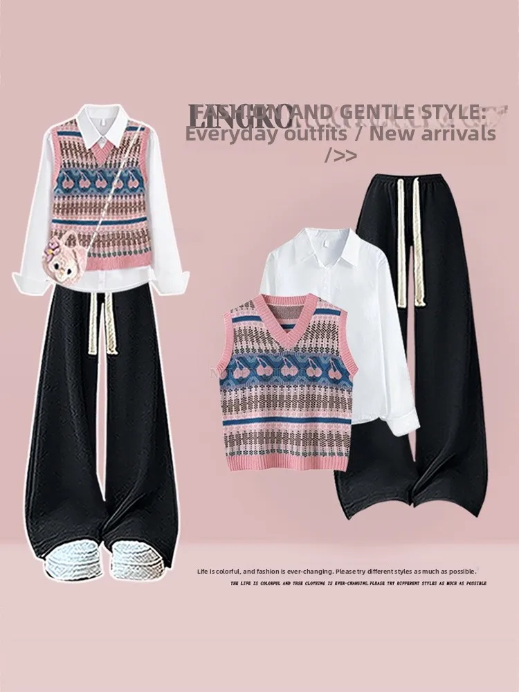 

plus Size Spring Casual Knitted Set Women's Retro Color Blo Vest Base irt High Waist Slim Wide Leg Pants Tee Piece Set