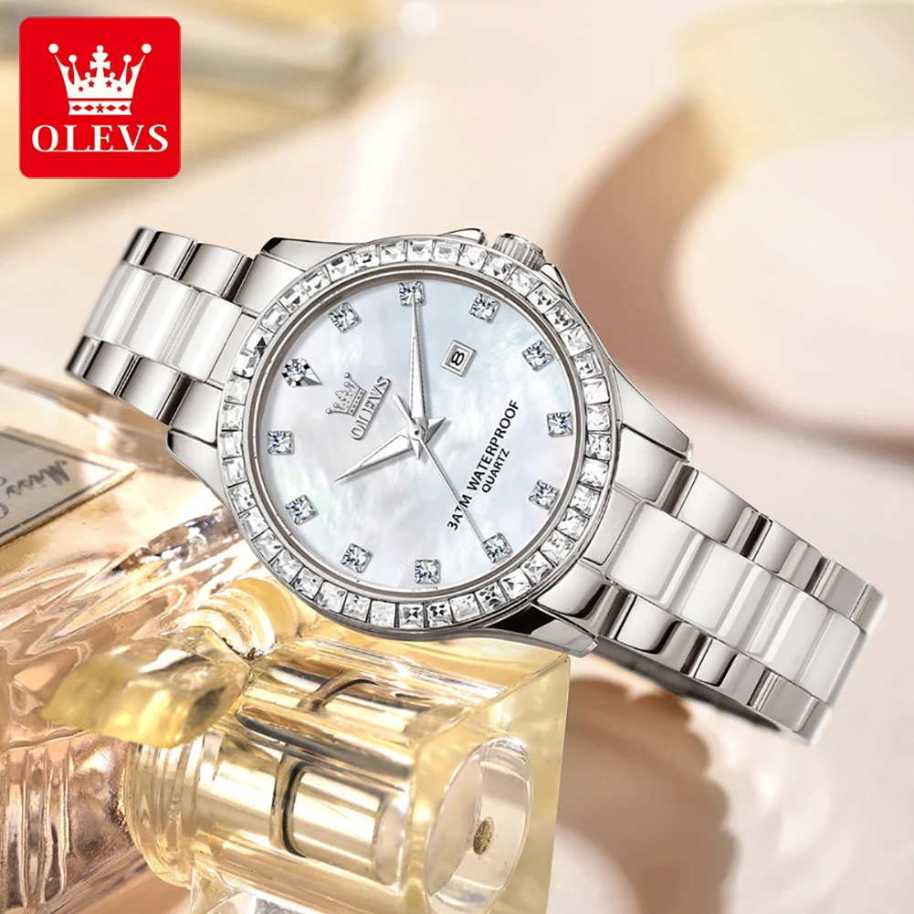 OLEVS 3651 Luxury Women Wristwatch With Gift Box Elegant Ceramics Strap Diamond Bezel Original Waterproof Calendar Quartz Watch