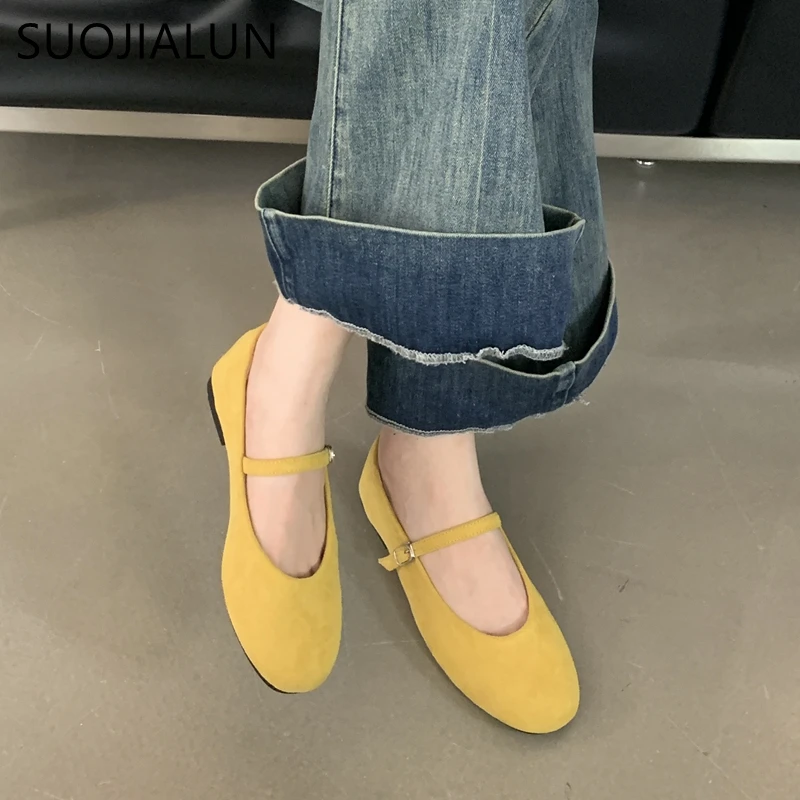 SUOJIALUN Autumn Women Flat Shoes Fashion Candy Color Ladies Round Toe Mary Jane Shoes Soft Sole Shallow Slip On Ballerinas Shoe