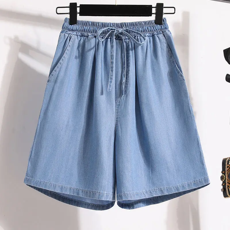 Denim Shorts For Women, Summer New Thin Ice Silk Casual Five-Point Loose Wide-Leg High-Waist A-Line Hot Pants Plus Size