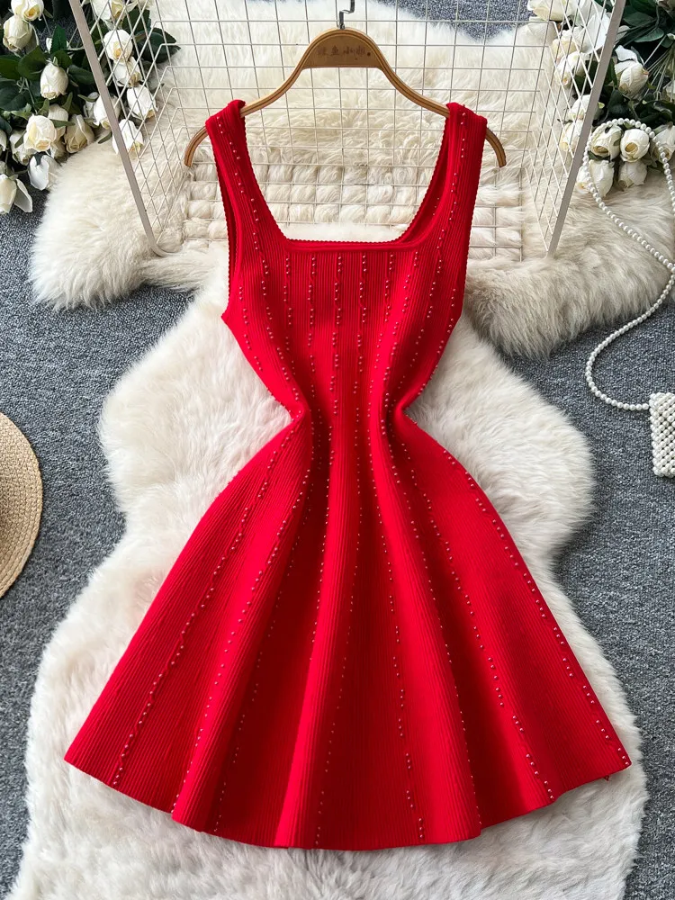 

Women's Red Sleeveless Square Neck A-line Dress French Luxury Korean Style Party Mini Dress Vintage Elegant Birthday Party Dress