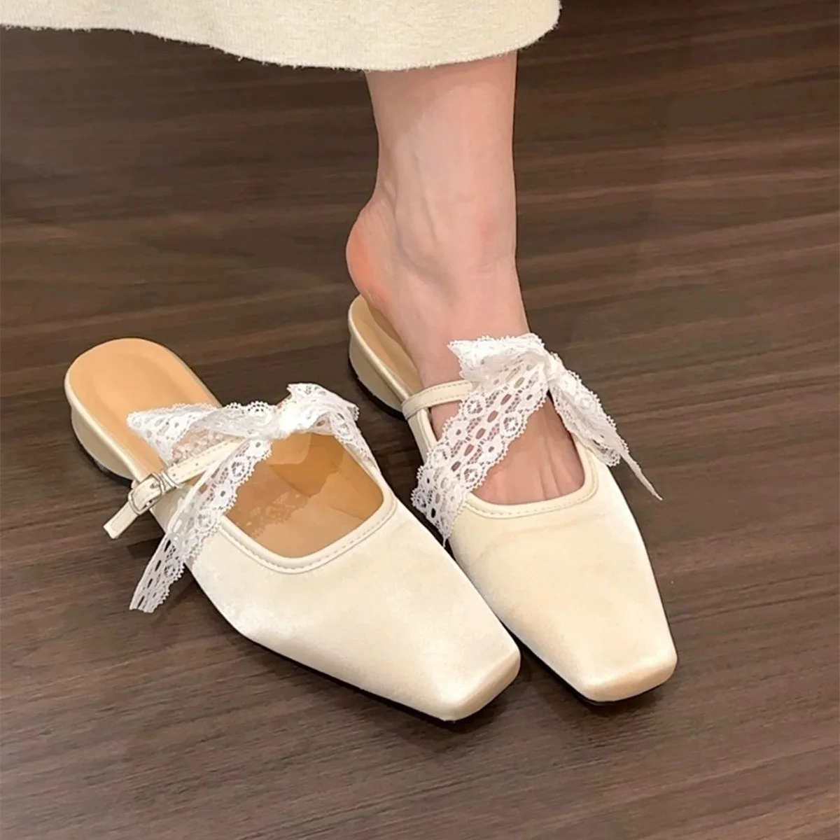 ใหม่ผู้หญิง Mary Jane รองเท้าหญิงสไตล์สบายๆผูกรองเท้าแตะแบน Slip-on เดินแฟลต Elegant Square Toe รองเท้า
