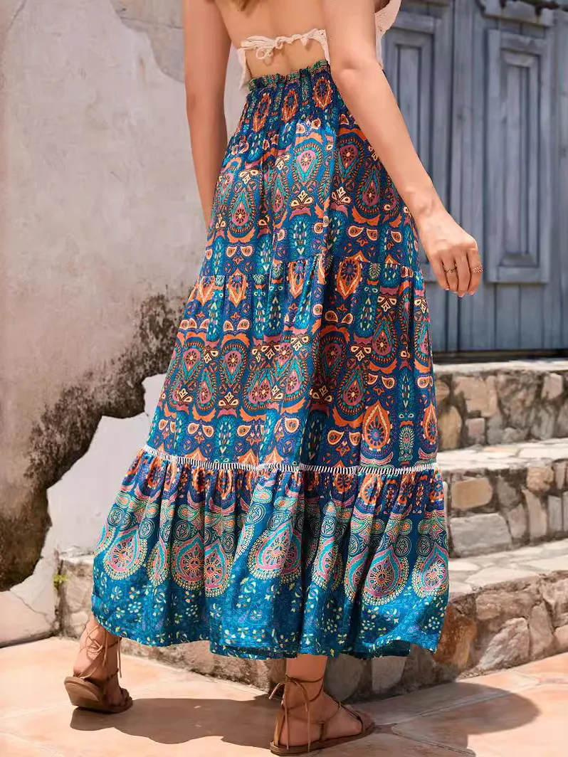 High Waist Patchwork Personalized Skirt Street Style A-Line Midi Skirt Polyester Fabric Decorative Stitching Summer Collection