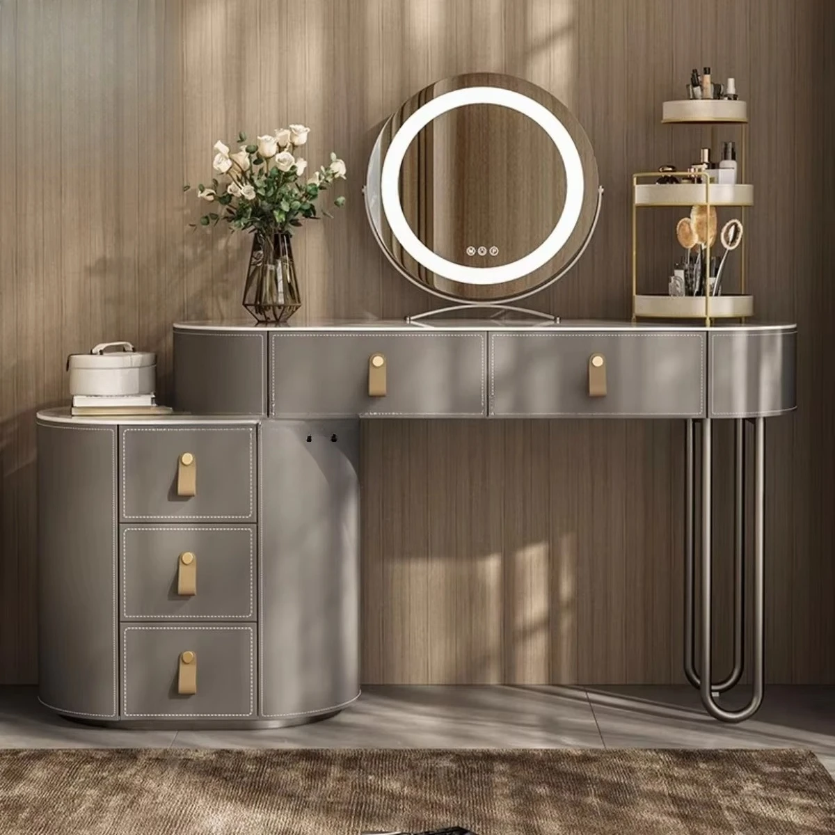 Solid Wood High-End Vanity Table with Storage, Integrated Bedroom Wabi-Sabi Style, Extendable Corner Makeup Table
