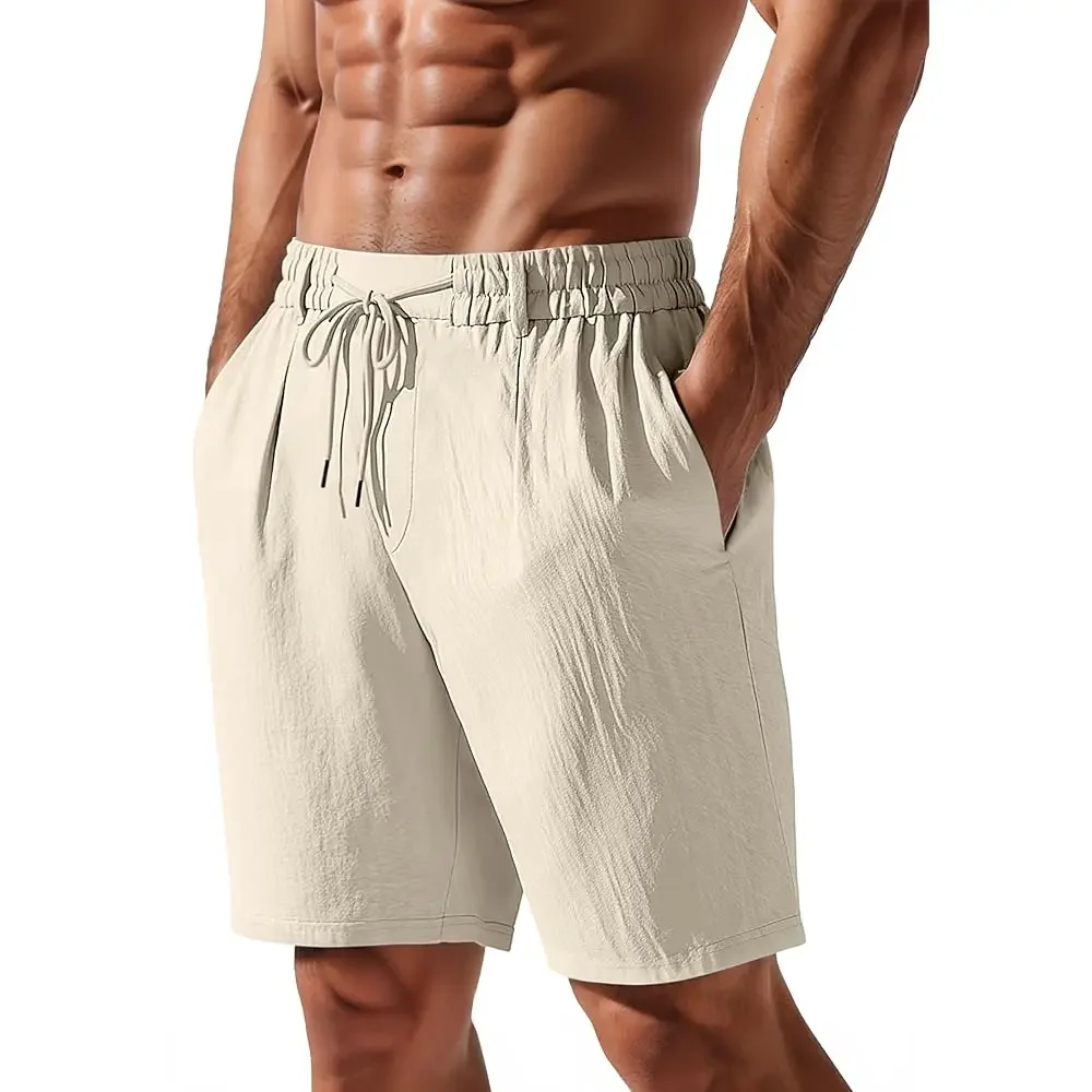 

Mens Linen Shorts Casual Elastic Waist Drawstring Lightweight Vacation Summer Beach Shorts with Pockets