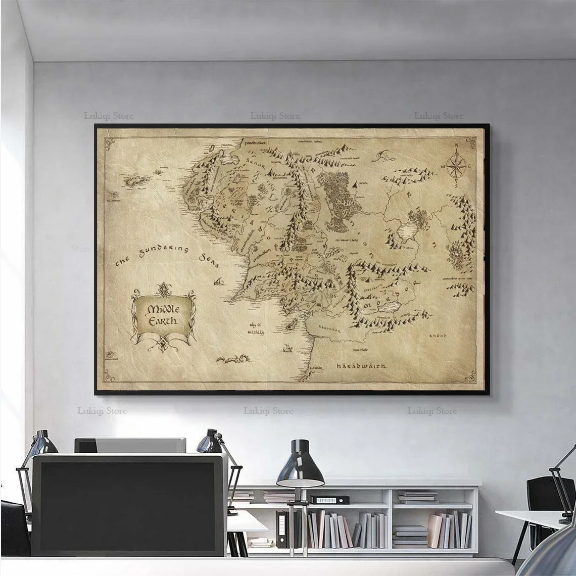 Hot L-Lord World Rings Map Flat Middle Earth Movie Vintage Canvas Painting Wall Art Picture Living Room Home Decor