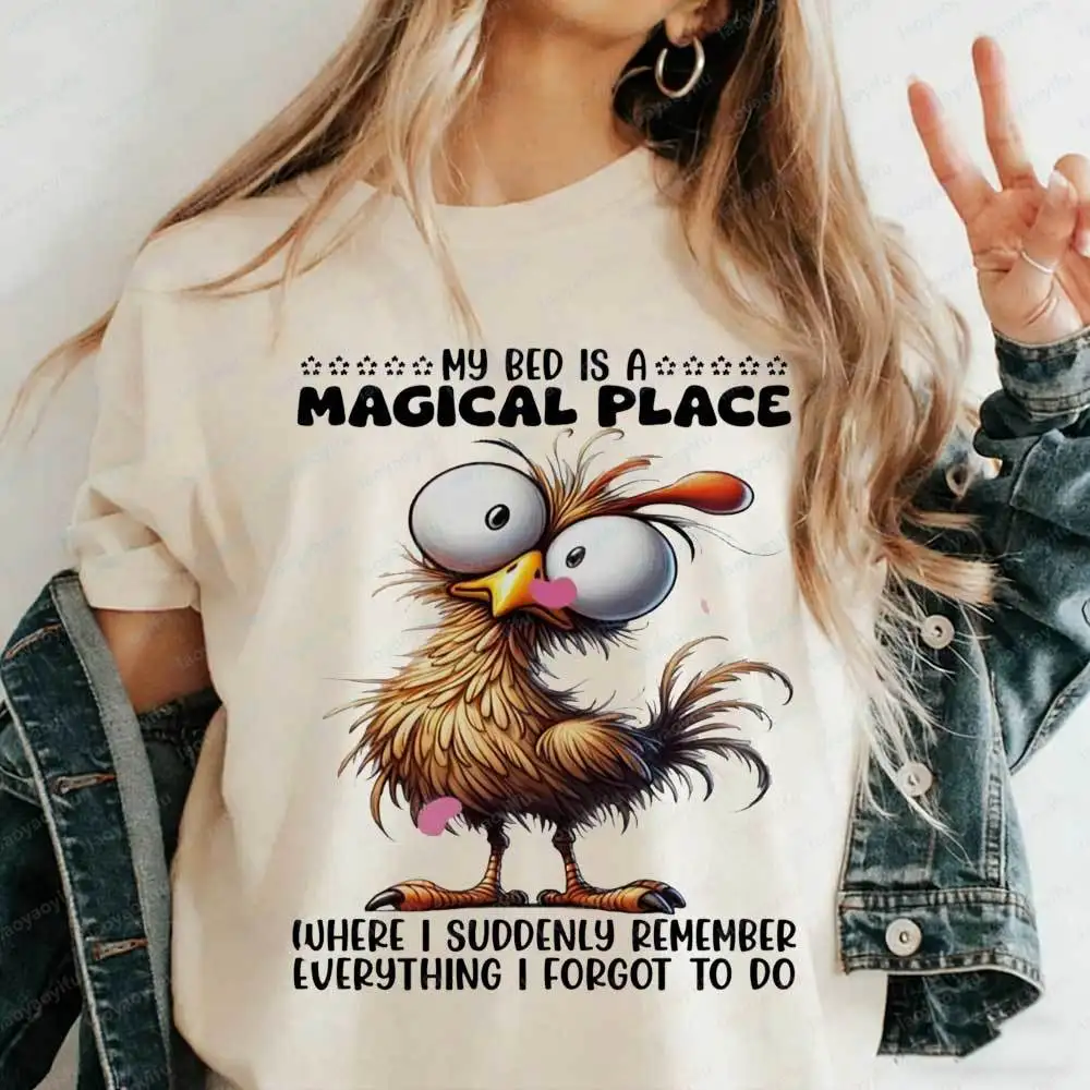 My Bed Is A Magical Place Funny Chicken T-Shirt Sarcastic Procrastination Graphic for Men Women Casual Short Sleeve Cotton Tops