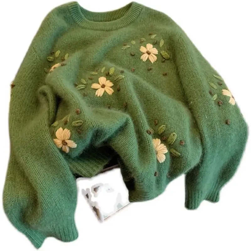 Floral Jumpers Women Jacquard Autumn Winter Button O-neck Spring Green Sweaters Korean Jumpers Streetwear Y2k Y2k Tops Sweater