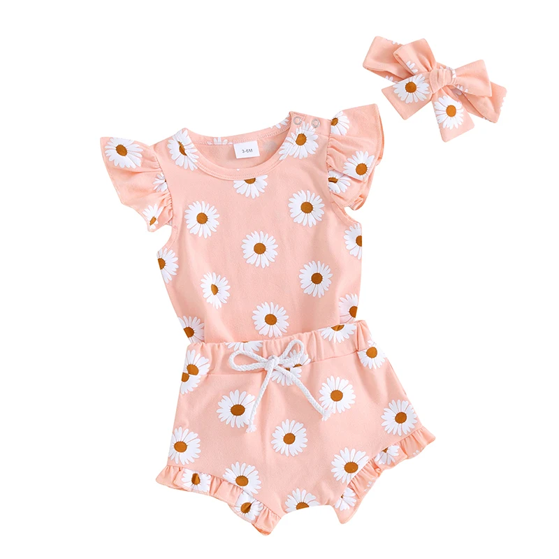 

Baby Girl 3 Piece Clothes Daisy Print Romper and Ruffle Elastic Shorts Headband Set Summer Outfits