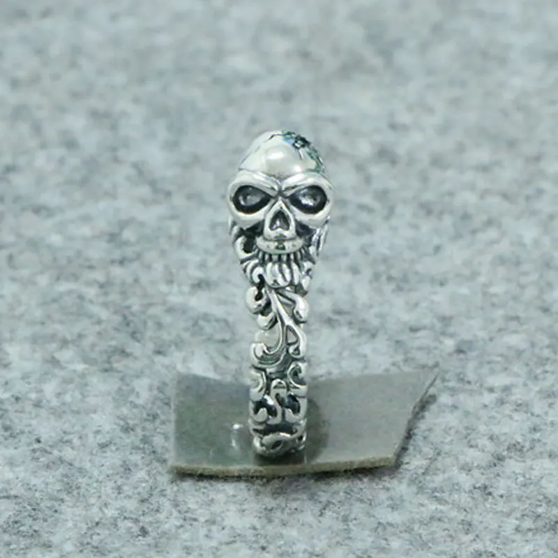 S925 Sterling Silver Skull Head Ring Personalized Punk Hip Hop Style Personalized Creative Design Old Thai Silver Men's Ring