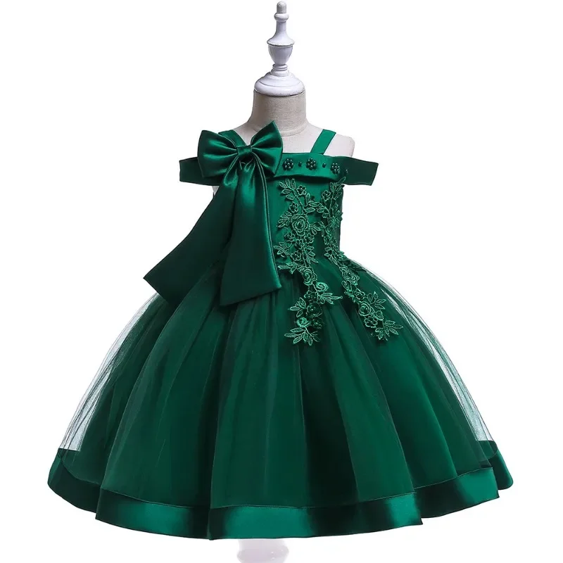 New Girls' Dress Beaded Flower Off spalla Strap Princess bambini piccoli senza maniche Solid a-line abiti da sera