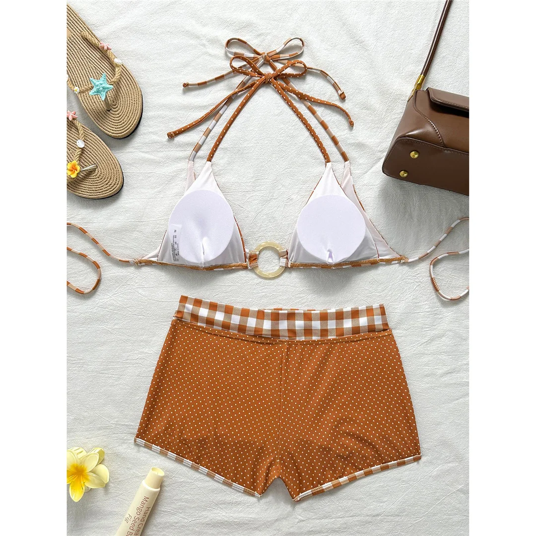 Karierte Shorts mit Polka-Dot-Muster, Neckholder-Bikini, Damen-Badebekleidung, zweiteiliger Bikini-Set, gepolsterter Badeanzug, Badebekleidung, Badeanzug, Modell V8507. – Detail 5
