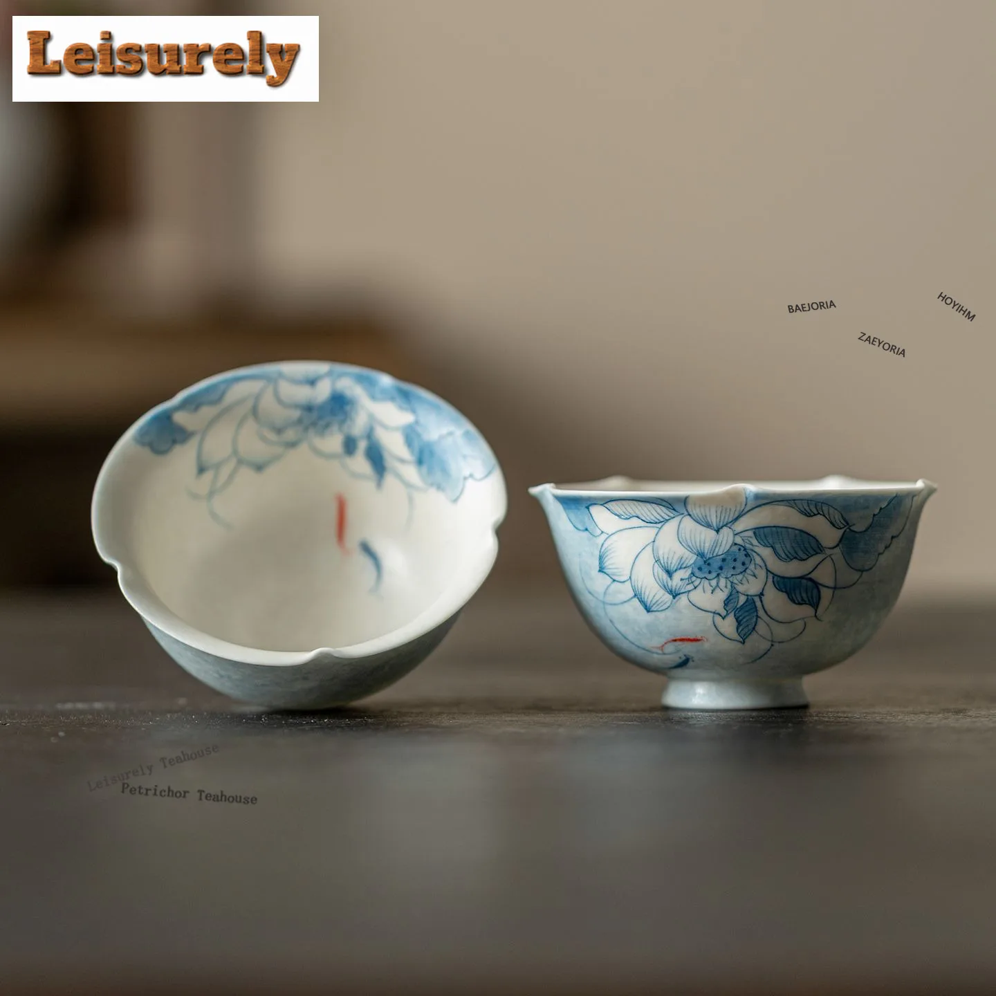 HOYIHM 70ml Sprinkle Blue Hand Painted Fish Playing Lotus Teacup Traditional Tea Bowl Cup For Tea Tea-tasting Personal Cups Gift